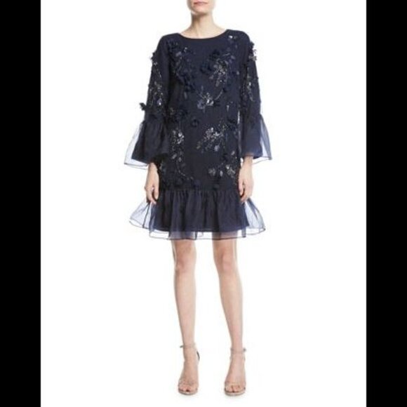 Marchesa Dresses & Skirts - Marchesa Notte Navy Blue Tunic-Cut 3D Flowers Cocktail Dress $795